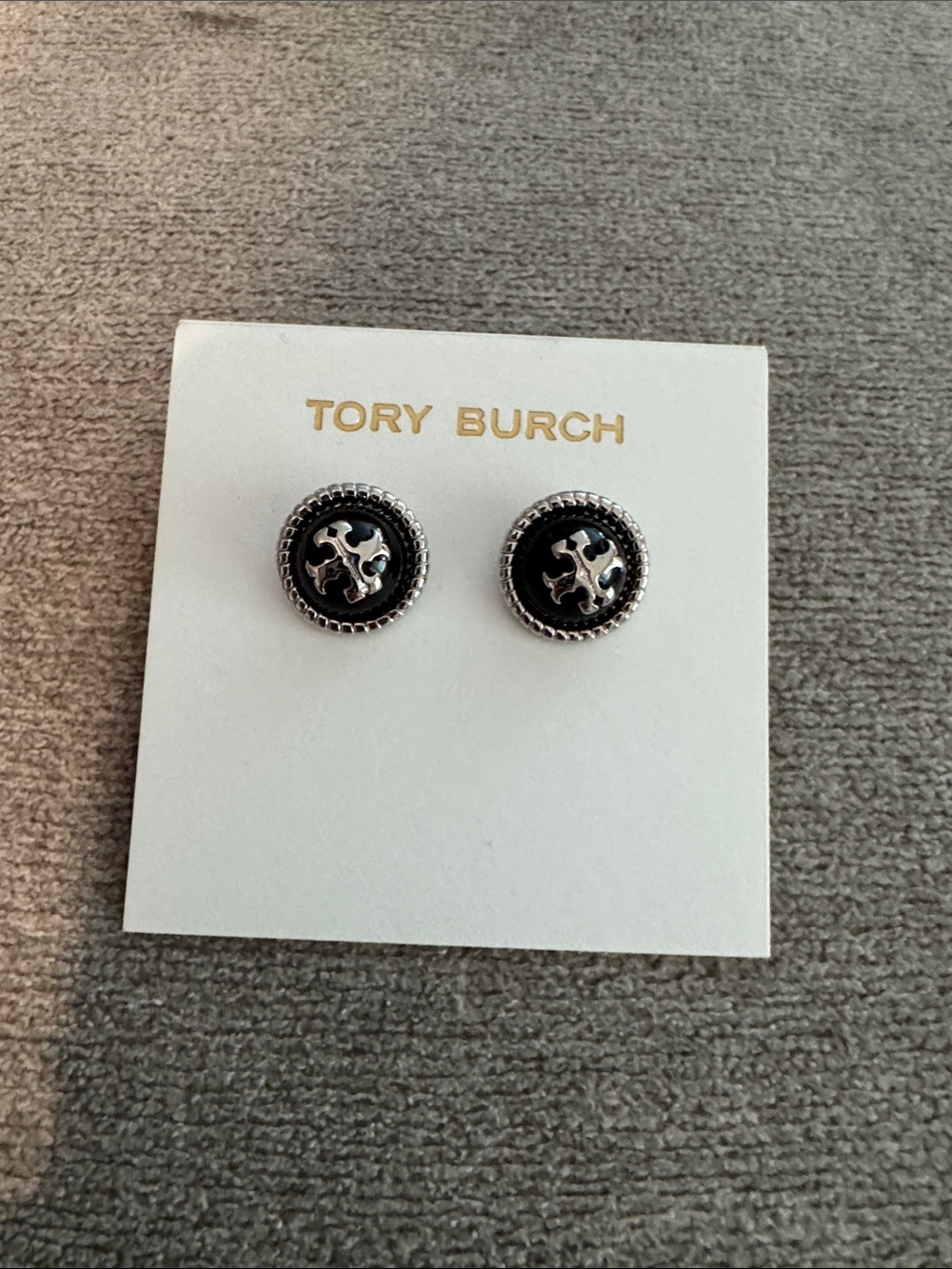 Tory Burch Black and Silver Round Logo Stud Earrings